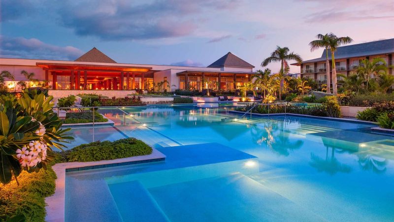 Evening light over the swimming pools at Crowne Plaza Fiji Nadi Bay Resort & Spa