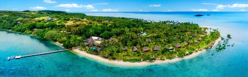 Aerial view of Jean-Michel Cousteau Resort on its palm-covered peninsula beside Savusavu Bay