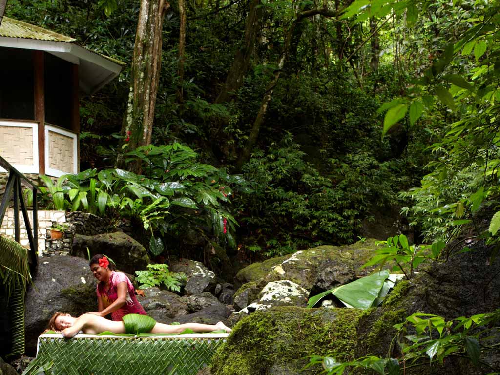Rainforest spa treatment beside a stream at Koro Sun Resort