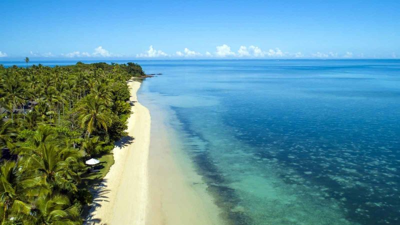 Aerial view of Lomani’s white-sand coast on Malolo Lailai Island
