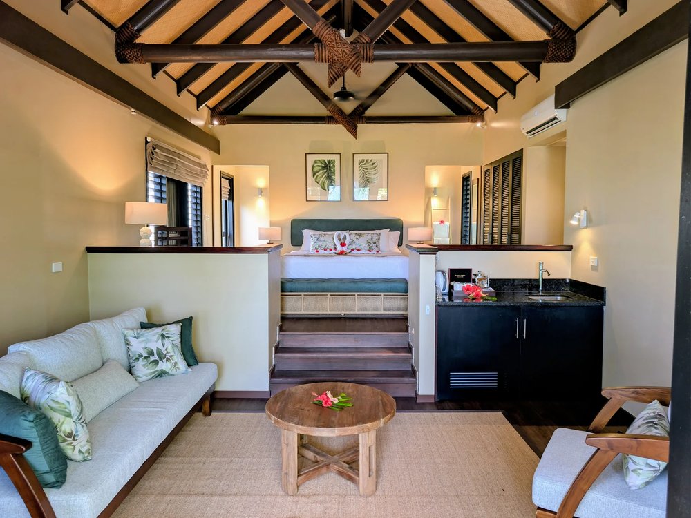 Split-level bedroom and lounge in a Matamanoa Oceanfront Pool Villa