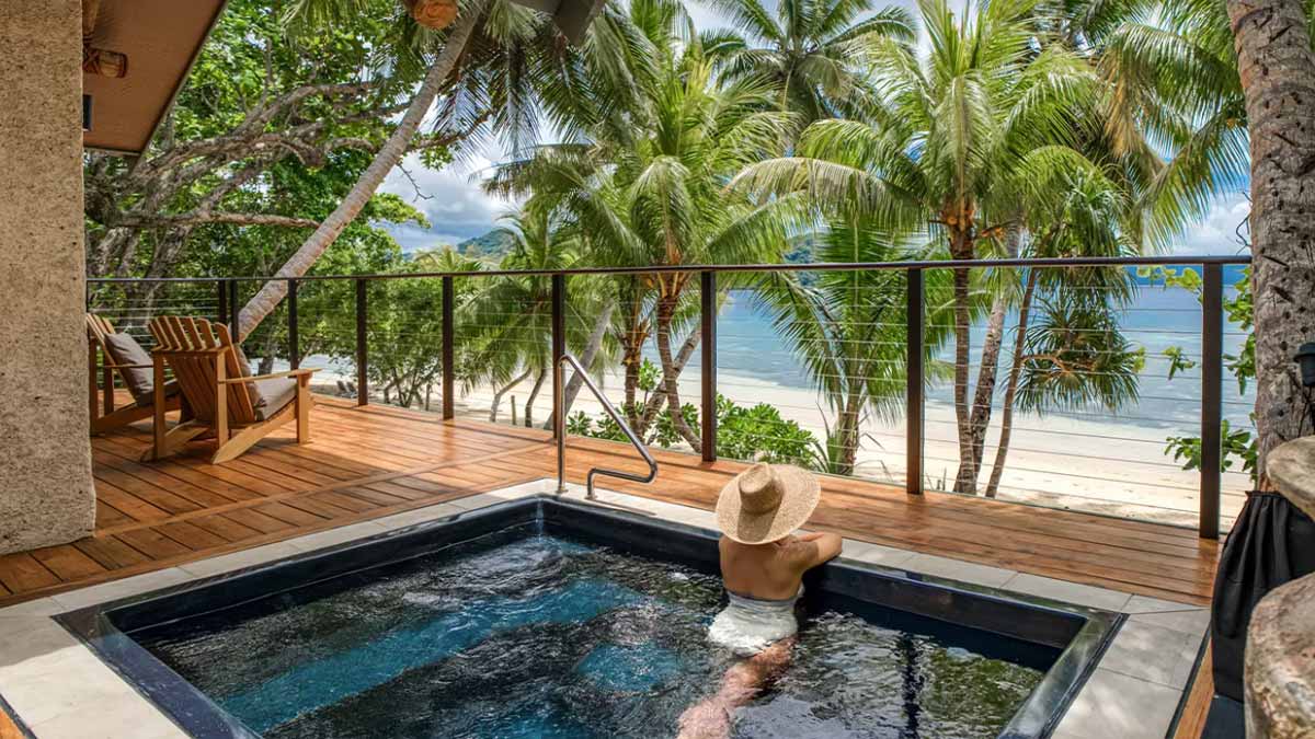 Private plunge pool and ocean-facing balcony at Matangi’s Beachfront Treehouse Villa