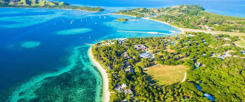 Aerial view of Plantation Island Resort and the lagoon on Malolo Lailai