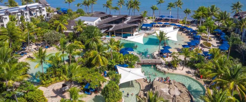 Aerial view of lagoon pools and gardens at Radisson Blu Resort Fiji