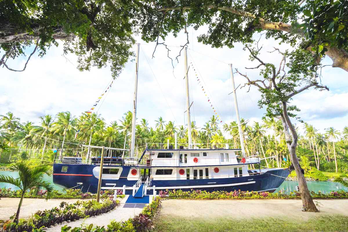 Serenity vessel permanently moored beside the marina at Savasi Island Resort