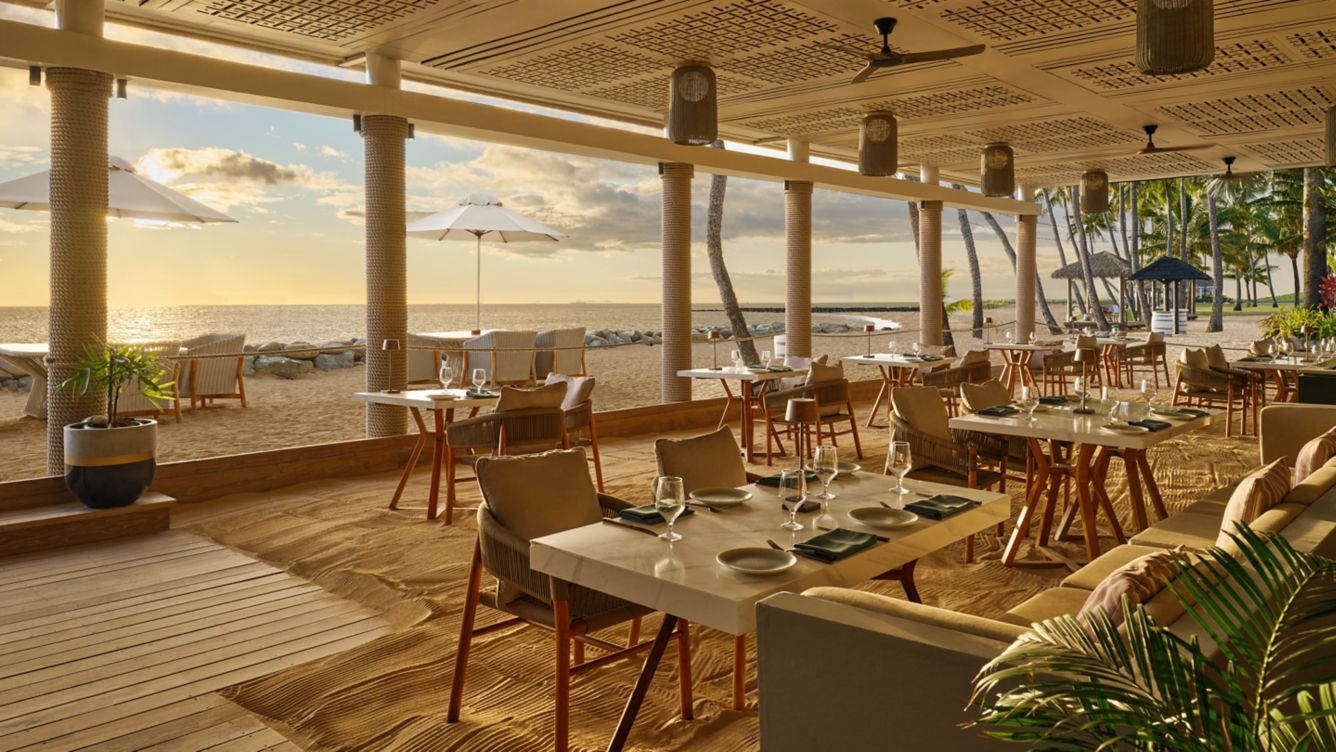 Sunset over the oceanfront terrace at Tatavu Grill & Bar, Sheraton Fiji Golf & Beach Resort
